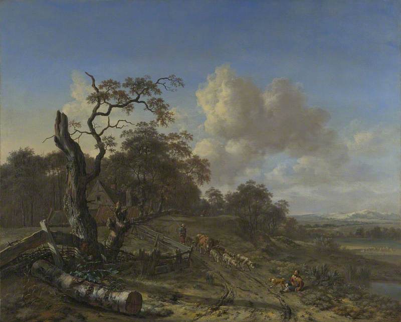 Wikioo.org - สารานุกรมวิจิตรศิลป์ - จิตรกรรม Jan Jansz Wijnants - A Landscape with a Dead Tree, and a Peasant driving Oxen and Sheep along a Road