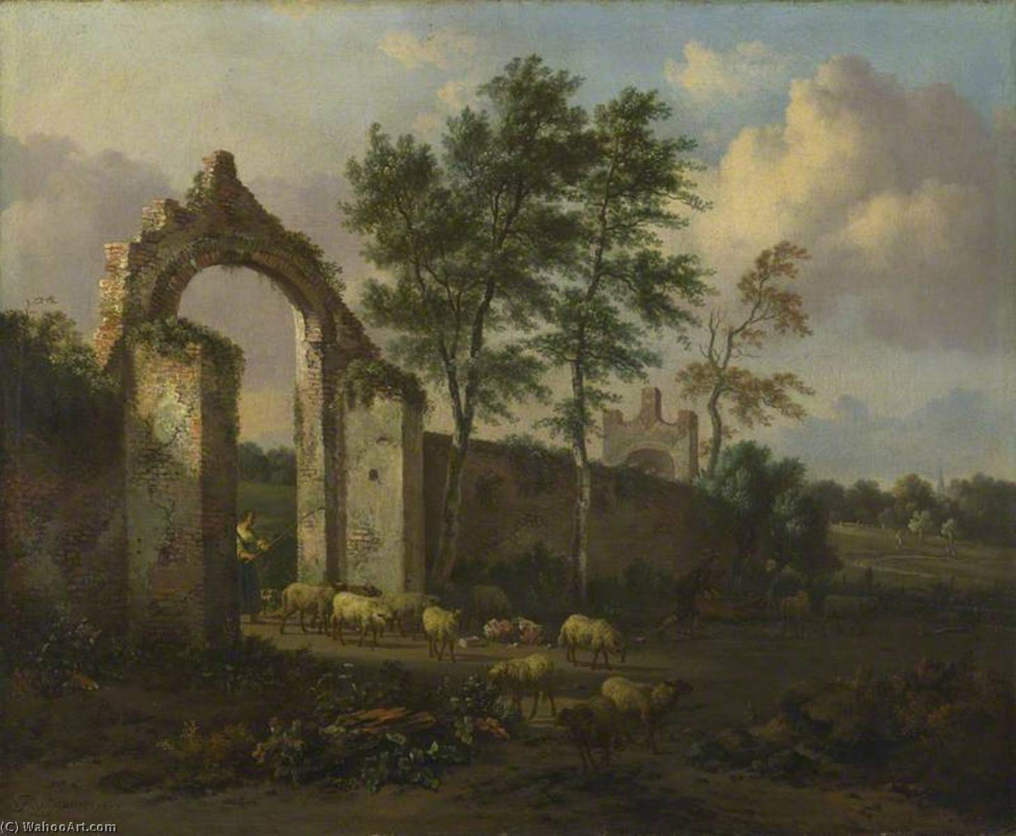Wikioo.org - The Encyclopedia of Fine Arts - Painting, Artwork by Jan Jansz Wijnants - A Landscape with a Woman driving Sheep through a Ruined Archway