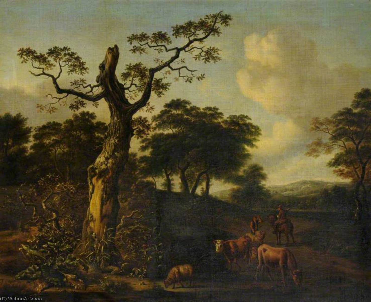 Wikioo.org - The Encyclopedia of Fine Arts - Painting, Artwork by Jan Jansz Wijnants - Extensive Wooded Landscape with Herdsmen and Cattle on a Road