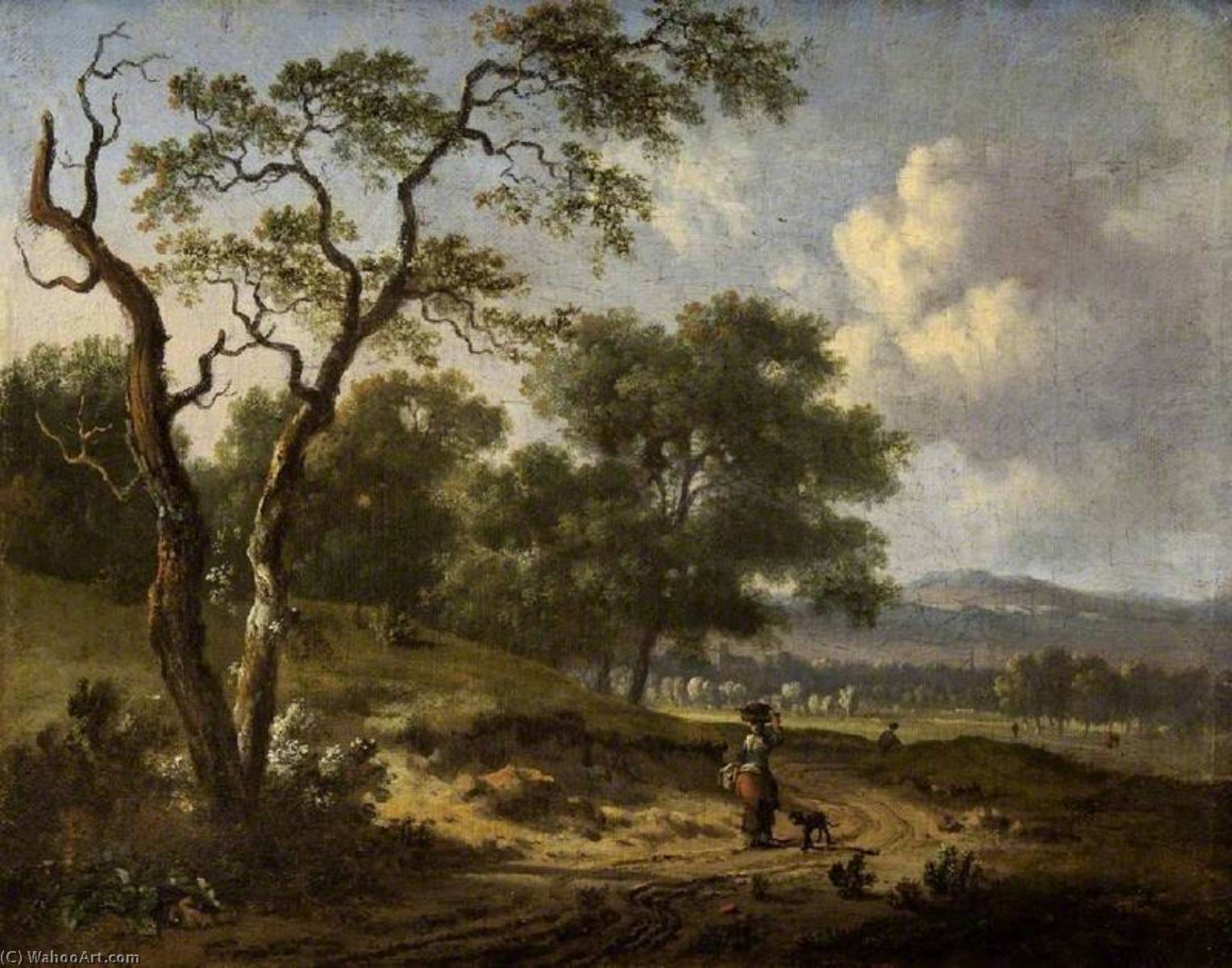 Wikioo.org - The Encyclopedia of Fine Arts - Painting, Artwork by Jan Jansz Wijnants - Landscape with a Woman and a Dog