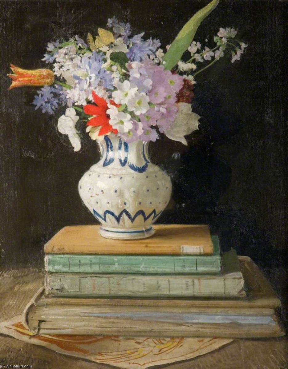 Wikioo.org - The Encyclopedia of Fine Arts - Painting, Artwork by William Newzam Prior Nicholson - Flower Piece with Books