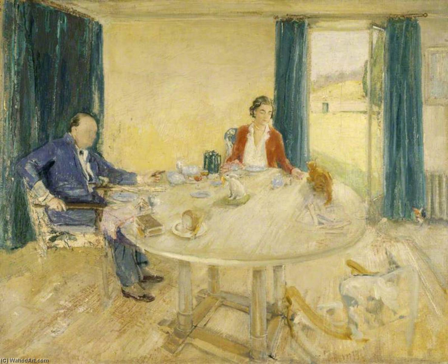 Wikioo.org - The Encyclopedia of Fine Arts - Painting, Artwork by William Newzam Prior Nicholson - Study for 'Breakfast at Chartwell II' (Sir Winston Churchill, 1874–1965, and Clementine Ogilvy Hozier, 1885–1977, Lady Churchill, in the Dining Room at Chartwell, with Their Cat 'Tango')