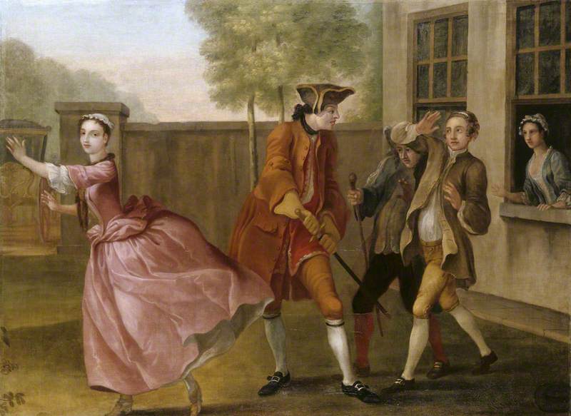 Wikioo.org - The Encyclopedia of Fine Arts - Painting, Artwork by Francis Hayman - The Elopement Pamela Flying to the Coach, While Lady Danvers Sends Two of Her Footmen to Stop Her (from Samuel Richardson's 'Pamela', 1740) (a Vauxhall supper box picture)