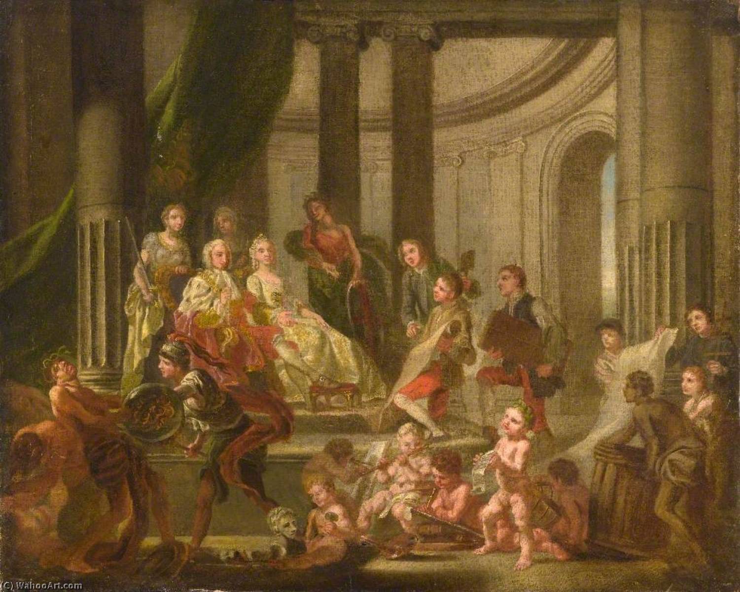 Wikioo.org - The Encyclopedia of Fine Arts - Painting, Artwork by Francis Hayman - The Muses Paying Homage to Frederick, Prince of Wales and Princess Augusta (The Artists Presenting a Plan for an Academy to Frederick, Prince of Wales and Princess Augusta)