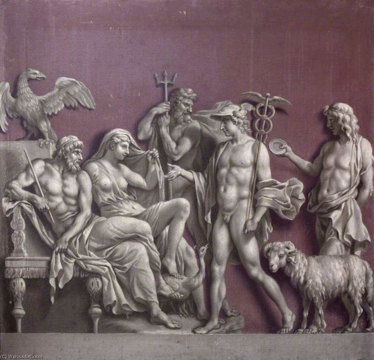 Wikioo.org - The Encyclopedia of Fine Arts - Painting, Artwork by Francis Hayman - Mercury Delivering a Message to Jupiter and Juno, with Neptune in Attendance (from an antique relief in the Museo Angelonio)