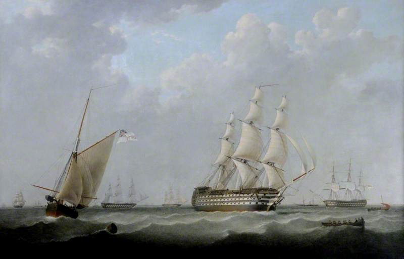 Wikioo.org - The Encyclopedia of Fine Arts - Painting, Artwork by John Ward - HMS 'Britannia' and Units of the Fleet off Spithead, Hampshire