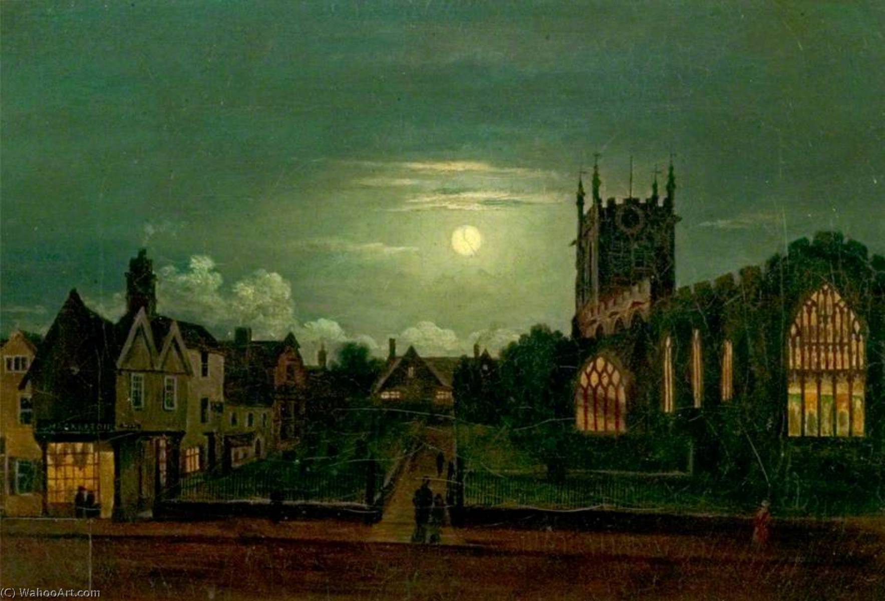 Wikioo.org - The Encyclopedia of Fine Arts - Painting, Artwork by Henry Lark I Pratt - St Peter's Church, Derby, by Moonlight