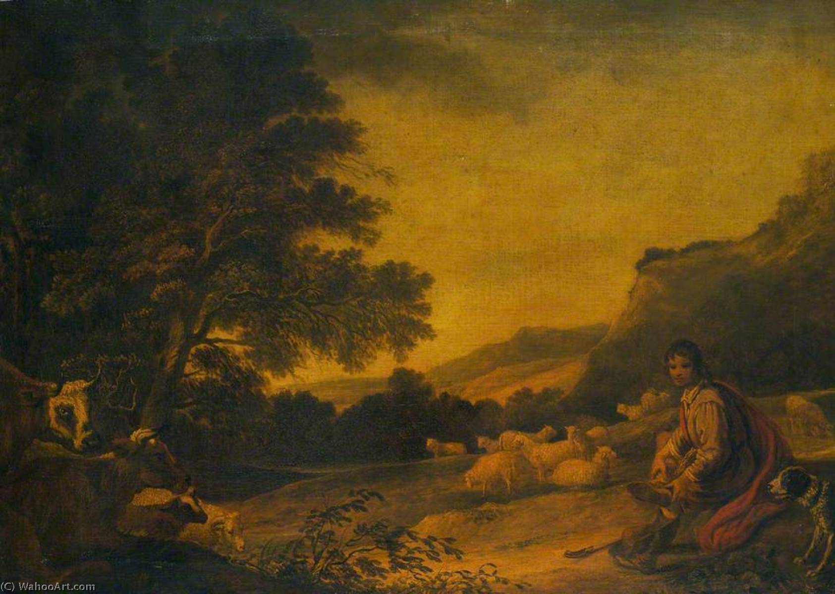 Wikioo.org - The Encyclopedia of Fine Arts - Painting, Artwork by Peter Francis Bourgeois - Landscape with Cattle (A Young Shepherd with his Flock)