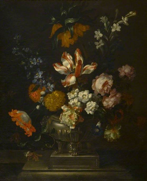 Wikioo.org - The Encyclopedia of Fine Arts - Painting, Artwork by Jean Baptiste Monnoyer - Flowers in a Silver Dish