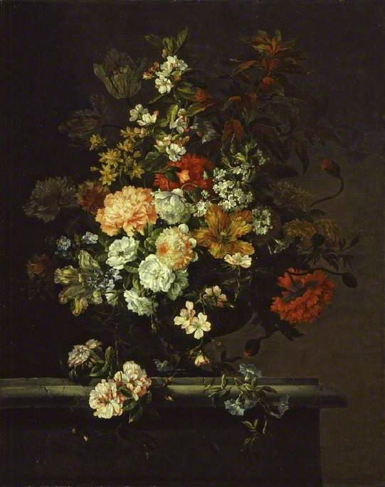 Wikioo.org - The Encyclopedia of Fine Arts - Painting, Artwork by Jean Baptiste Monnoyer - Still Life of Mixed Flowers in a Vase on a Ledge