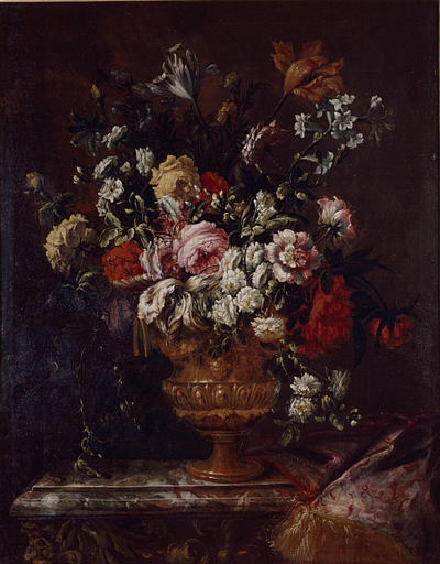 Wikioo.org - สารานุกรมวิจิตรศิลป์ - จิตรกรรม Jean Baptiste Monnoyer - Vase de fleurs sur une table de marbre