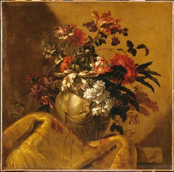 Wikioo.org - The Encyclopedia of Fine Arts - Painting, Artwork by Jean Baptiste Monnoyer - Fleurs dans un vase de marbre blanc sur un tapis de brocart