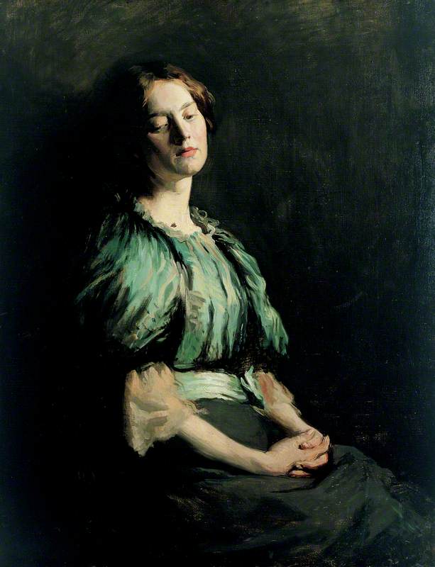 Wikioo.org - The Encyclopedia of Fine Arts - Painting, Artwork by William Newenham Montague Orpen - Portrait of a Girl Wearing a Green Dress