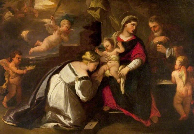 Wikoo.org - موسوعة الفنون الجميلة - اللوحة، العمل الفني Luca Giordano - The Holy Family with Saint Catherine of Alexandria
