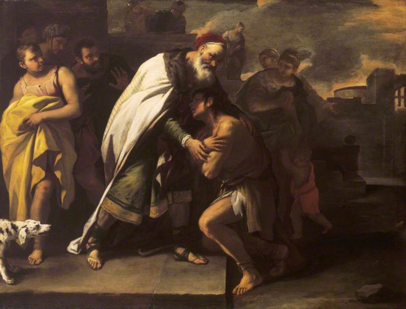 Wikioo.org – L'Enciclopedia delle Belle Arti - Pittura, Opere di Luca Giordano - la parabola del figliol prodigo Ricevuta Casa da suo padre