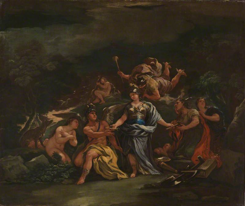 Wikioo.org - The Encyclopedia of Fine Arts - Painting, Artwork by Luca Giordano - Minerva as Protectress of the Arts and Sciences