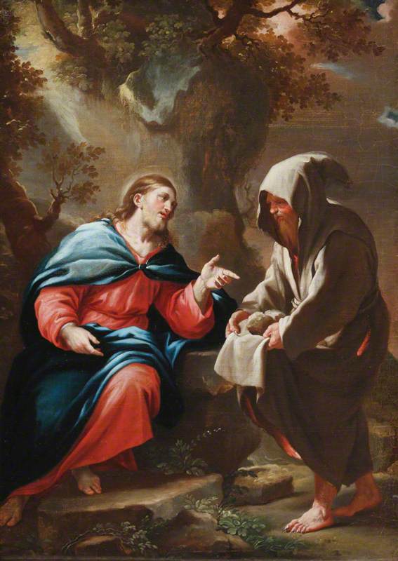Wikioo.org – La Enciclopedia de las Bellas Artes - Pintura, Obras de arte de Luca Giordano - el diablo Tentador Cristo girar Piedras dentro Pan