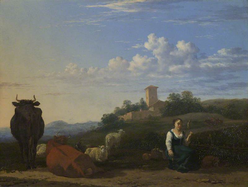 Wikioo.org - The Encyclopedia of Fine Arts - Painting, Artwork by Karel Dujardin - A Woman with Cattle and Sheep in an Italian Landscape