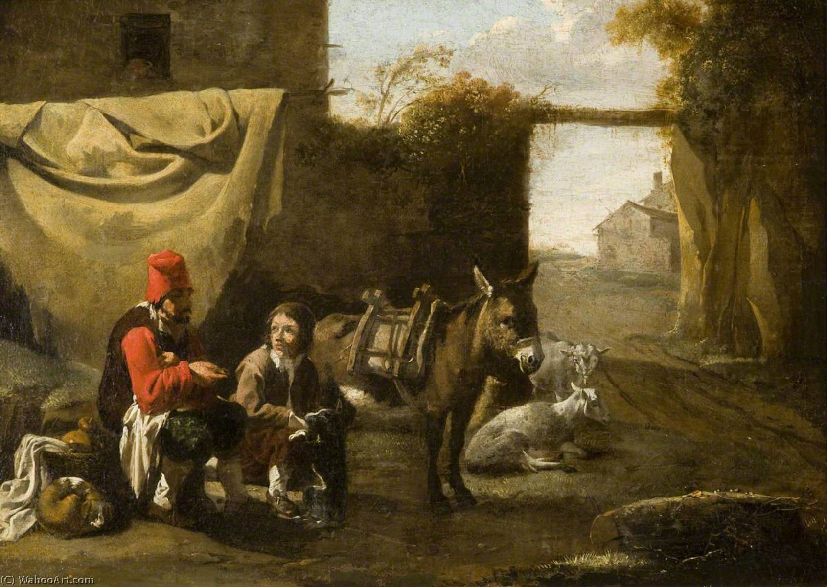 Wikioo.org - The Encyclopedia of Fine Arts - Painting, Artwork by Karel Dujardin - Two Figures with a Donkey and Sheep