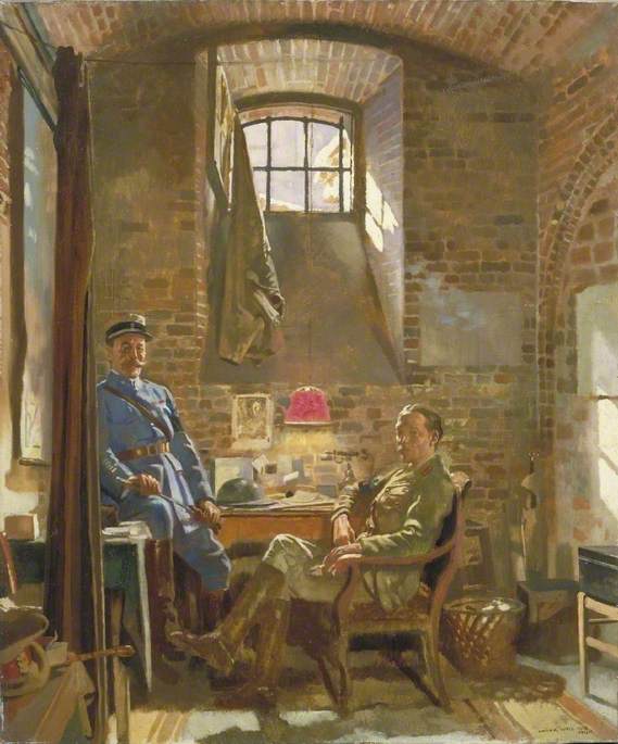 Wikioo.org - The Encyclopedia of Fine Arts - Painting, Artwork by William Newenham Montague Orpen - In Their Cellar in Amiens Captain R. Maude, Department of the Army, Provost Marshal General, Awarded the Croix de Guerre by the French Authorities, and Colonel Du Tiel, Commandant d'Armes, Amiens