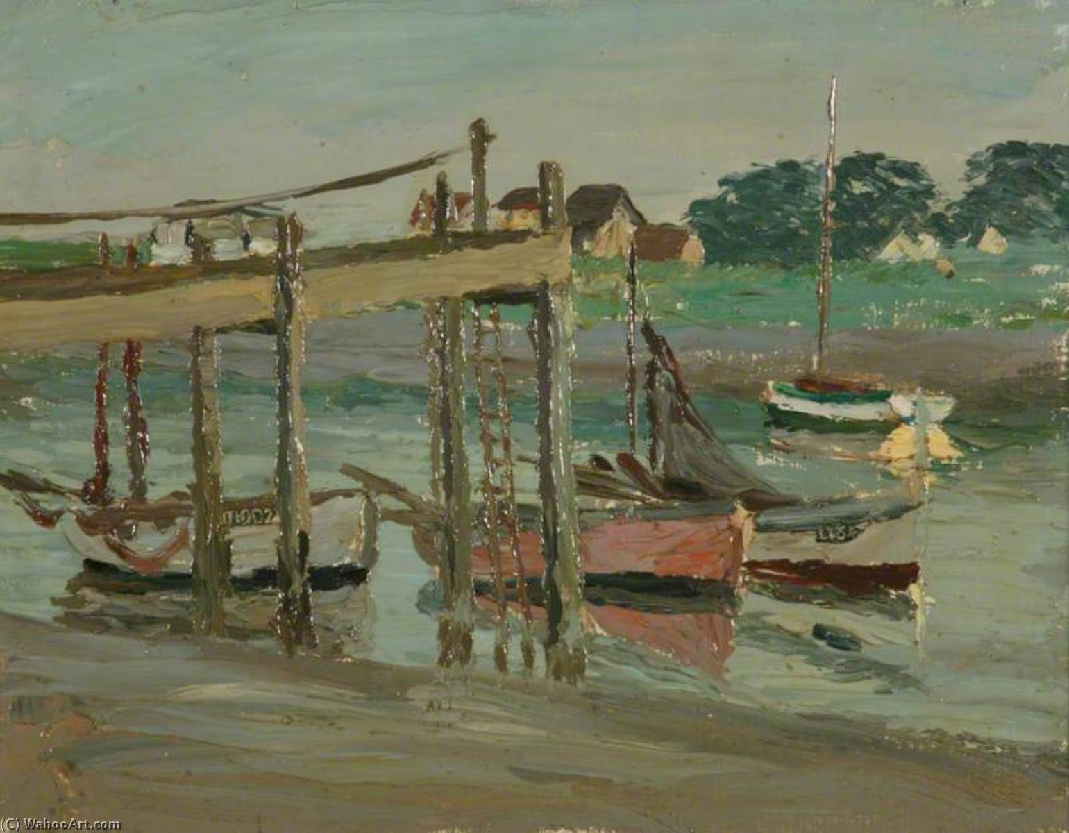 Wikioo.org - สารานุกรมวิจิตรศิลป์ - จิตรกรรม Henry Clarence Whaite - Walberswick, Boats on the Blythe at a Wooden Jetty