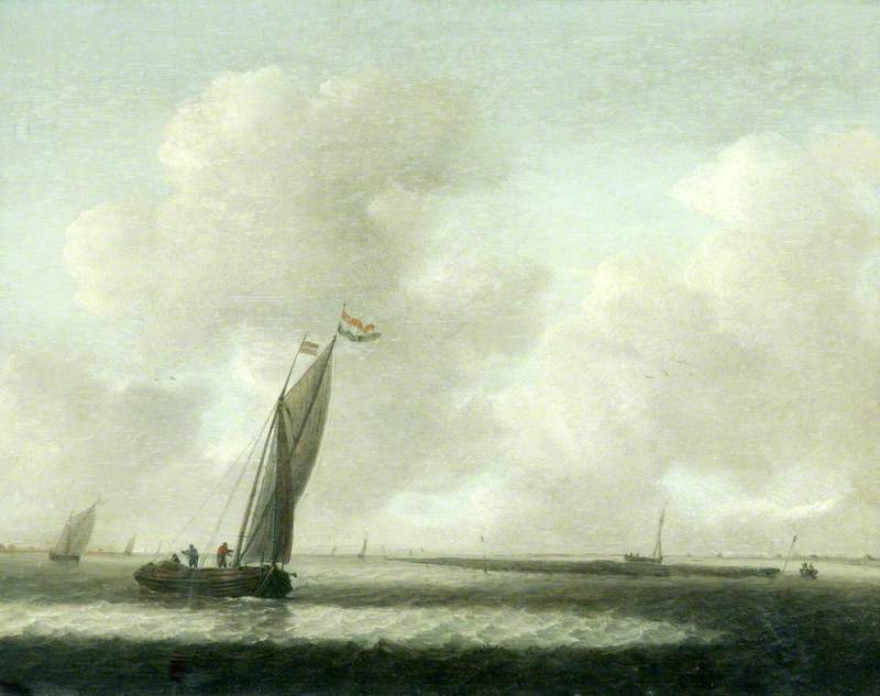 WikiOO.org - Encyclopedia of Fine Arts - Schilderen, Artwork Simon Jacobsz De Vlieger - River Estuary with Shipping on a Windy Day