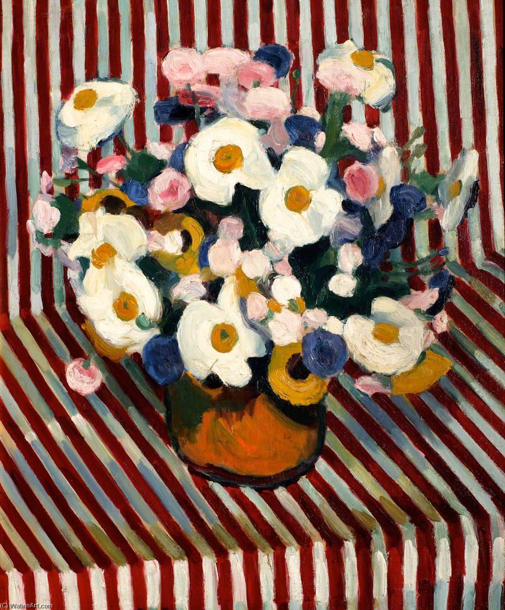 Wikioo.org - The Encyclopedia of Fine Arts - Painting, Artwork by Evan Walters - Flowers on Striped Background