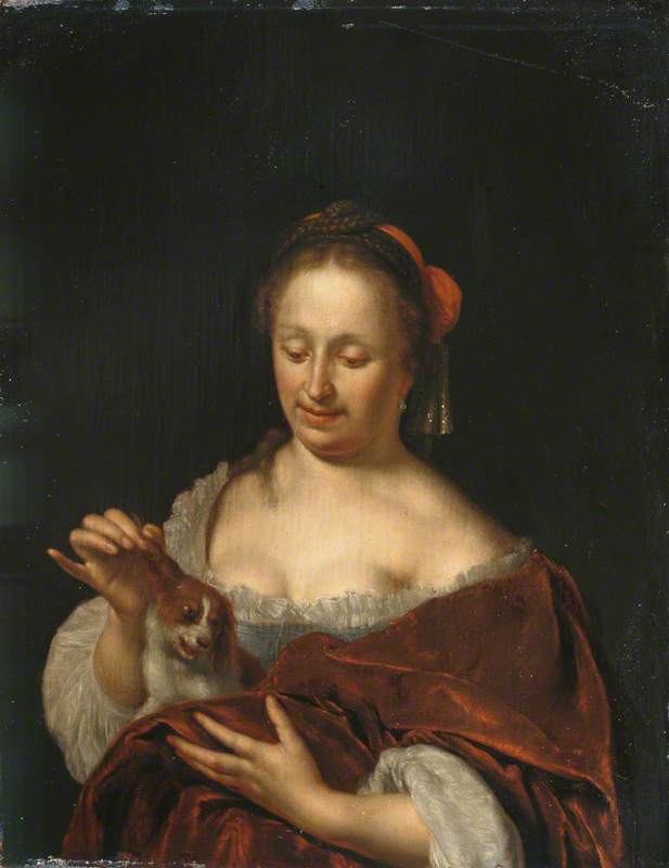 WikiOO.org - Encyclopedia of Fine Arts - Lukisan, Artwork Willem Van Mieris - A Lady Seated Holding a Small Dog