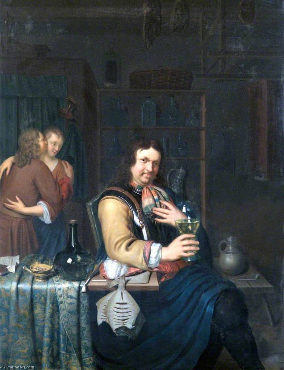 Wikioo.org - The Encyclopedia of Fine Arts - Painting, Artwork by Willem Van Mieris - Interior with a Cavalier Drinking and a Couple Embracing