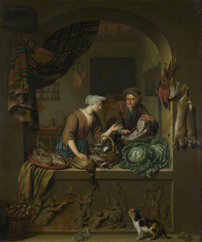 WikiOO.org - Enciklopedija dailės - Tapyba, meno kuriniai Willem Van Mieris - A Woman and a Fish pedlar in a Kitchen