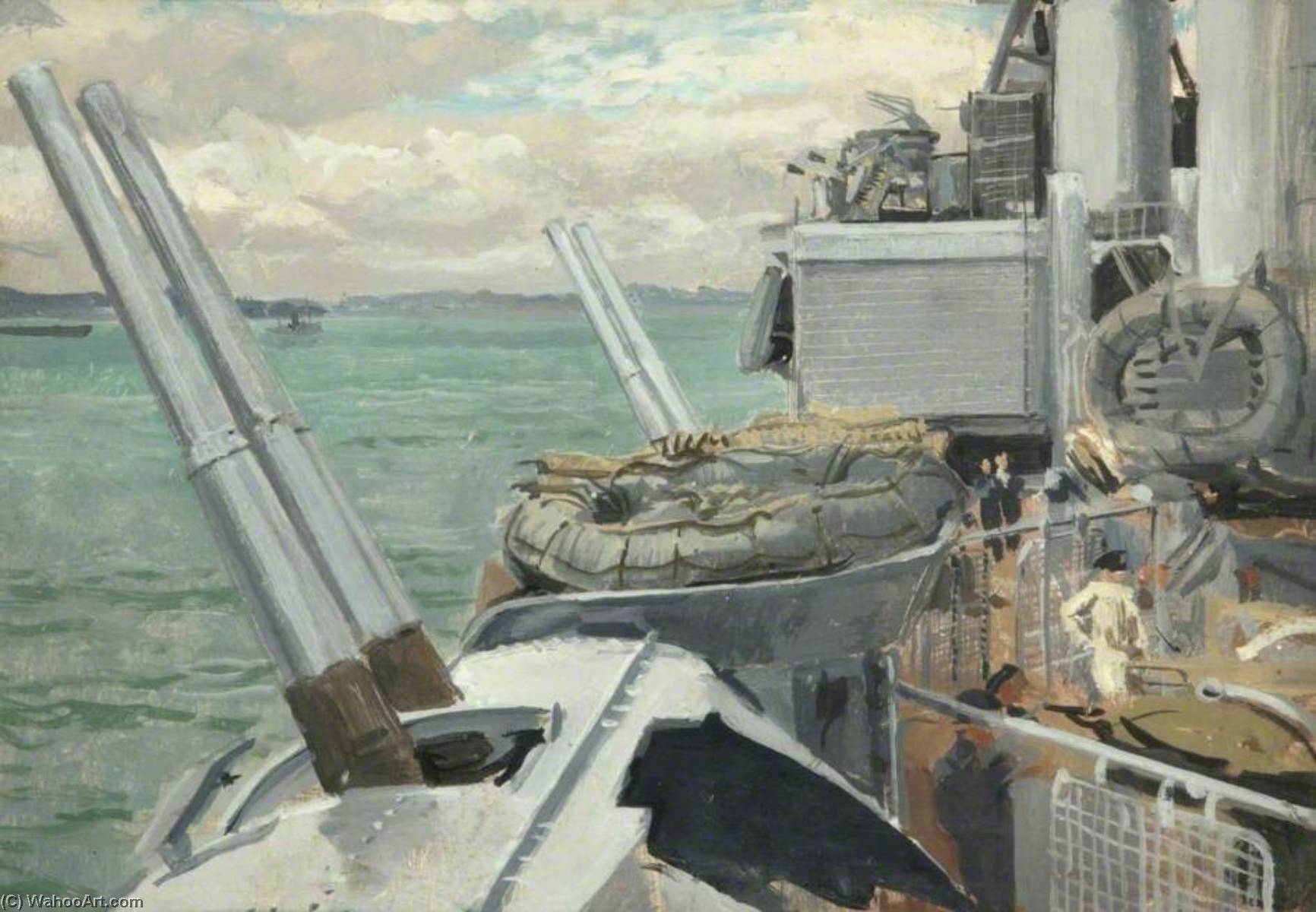 Wikioo.org - The Encyclopedia of Fine Arts - Painting, Artwork by Stephen Bone - HMS 'Mauritius', The 4 Inch Guns