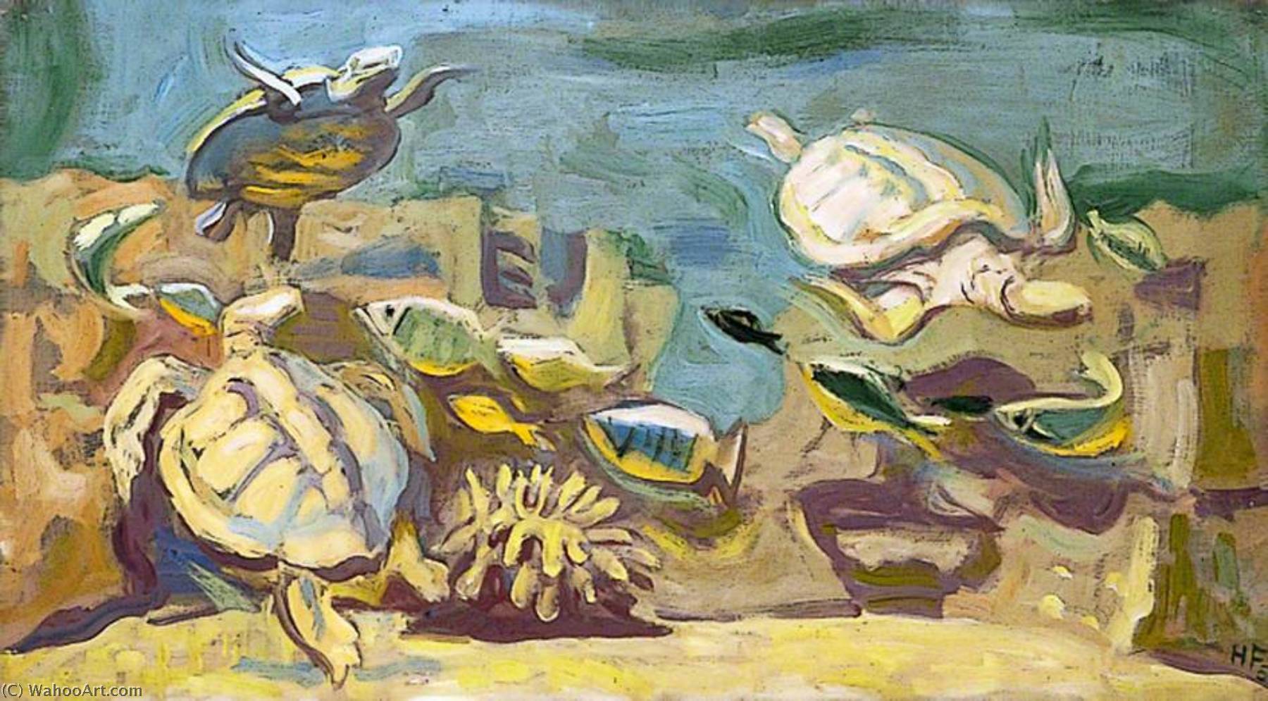 Wikioo.org - The Encyclopedia of Fine Arts - Painting, Artwork by Hans Feibusch - Study of Three Turtles Swimming with Fish