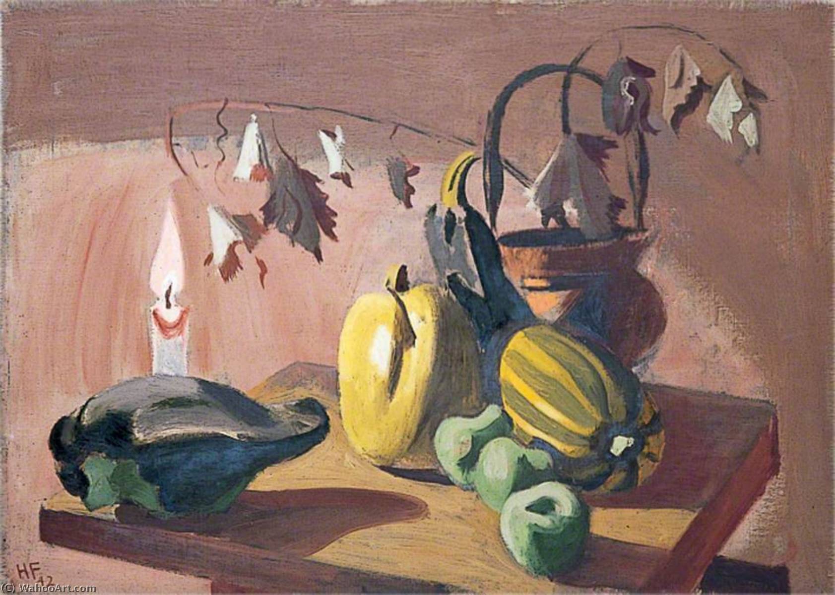 Wikioo.org - The Encyclopedia of Fine Arts - Painting, Artwork by Hans Feibusch - Still Life of a Candle, a Marrow, Squashes and a Bucket