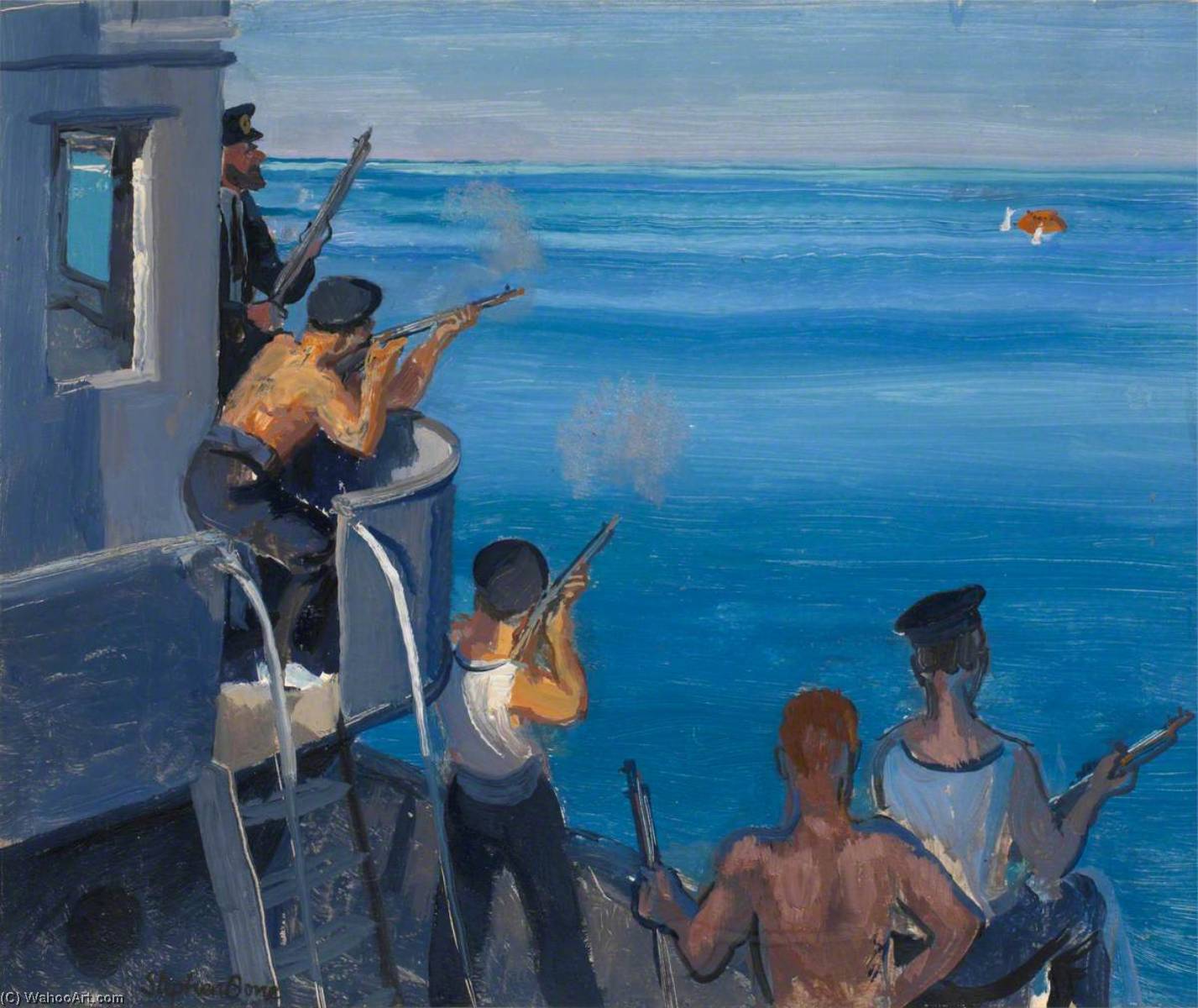 Wikioo.org - The Encyclopedia of Fine Arts - Painting, Artwork by Stephen Bone - Sinking a Floating Mine with Rifle Fire