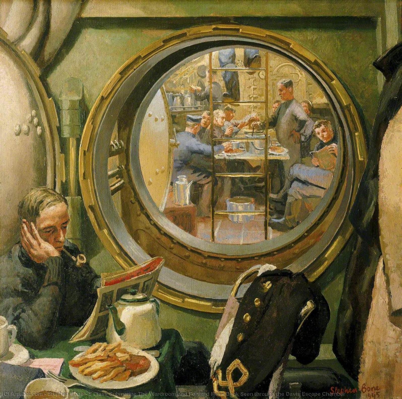 Wikioo.org - The Encyclopedia of Fine Arts - Painting, Artwork by Stephen Bone - S Class Submarine The Wardroom and Forward Mess Deck Seen through the Davis Escape Chamber