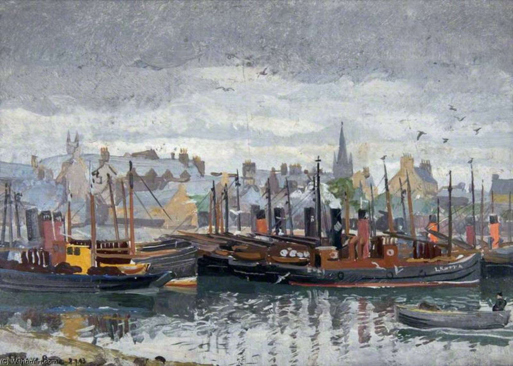 Wikioo.org - The Encyclopedia of Fine Arts - Painting, Artwork by Stephen Bone - Stornoway, Drifters in Harbour, Saturday Afternoon
