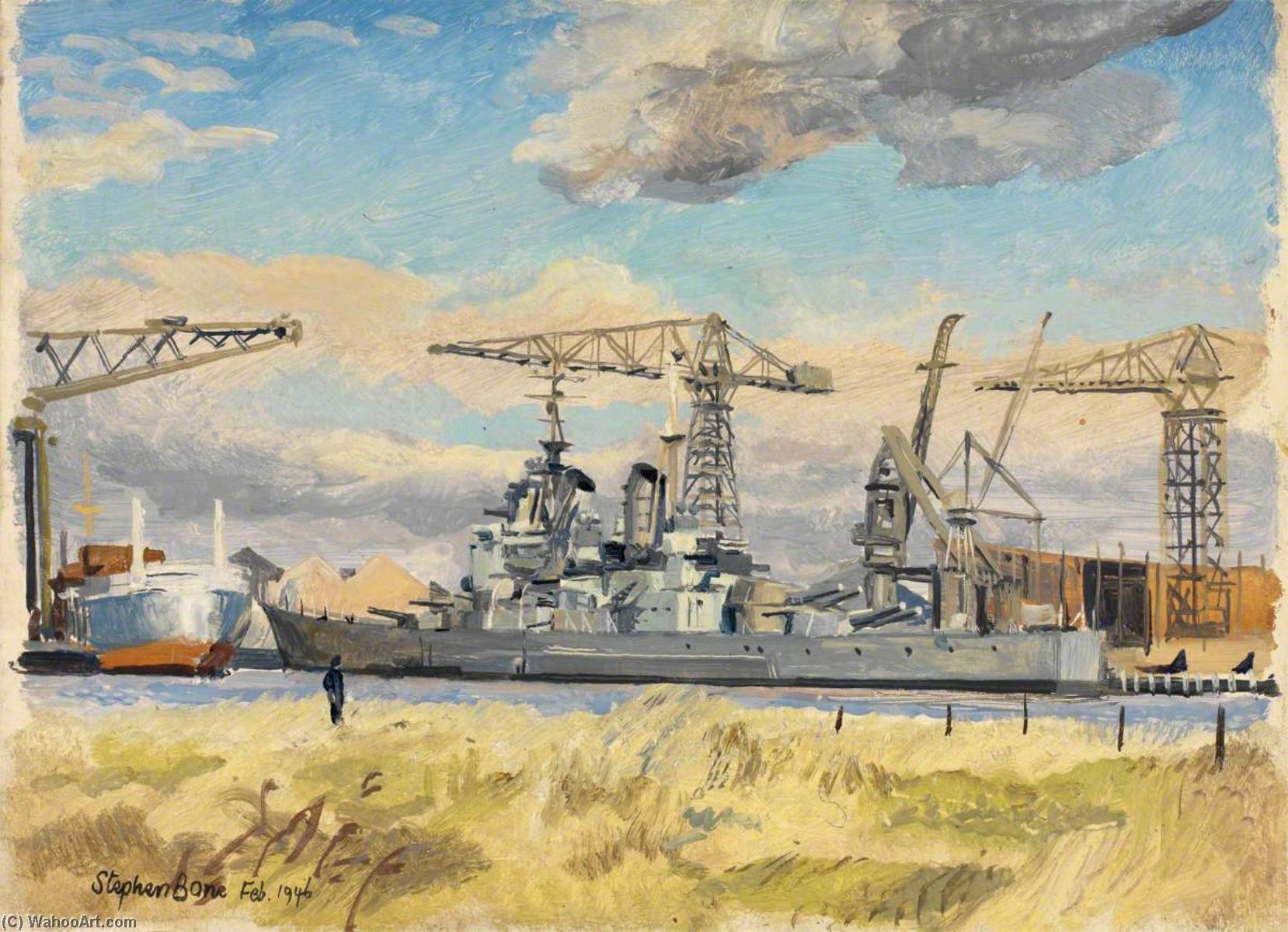 Wikioo.org - The Encyclopedia of Fine Arts - Painting, Artwork by Stephen Bone - HMS 'Vanguard' from across the Clyde, February 1946