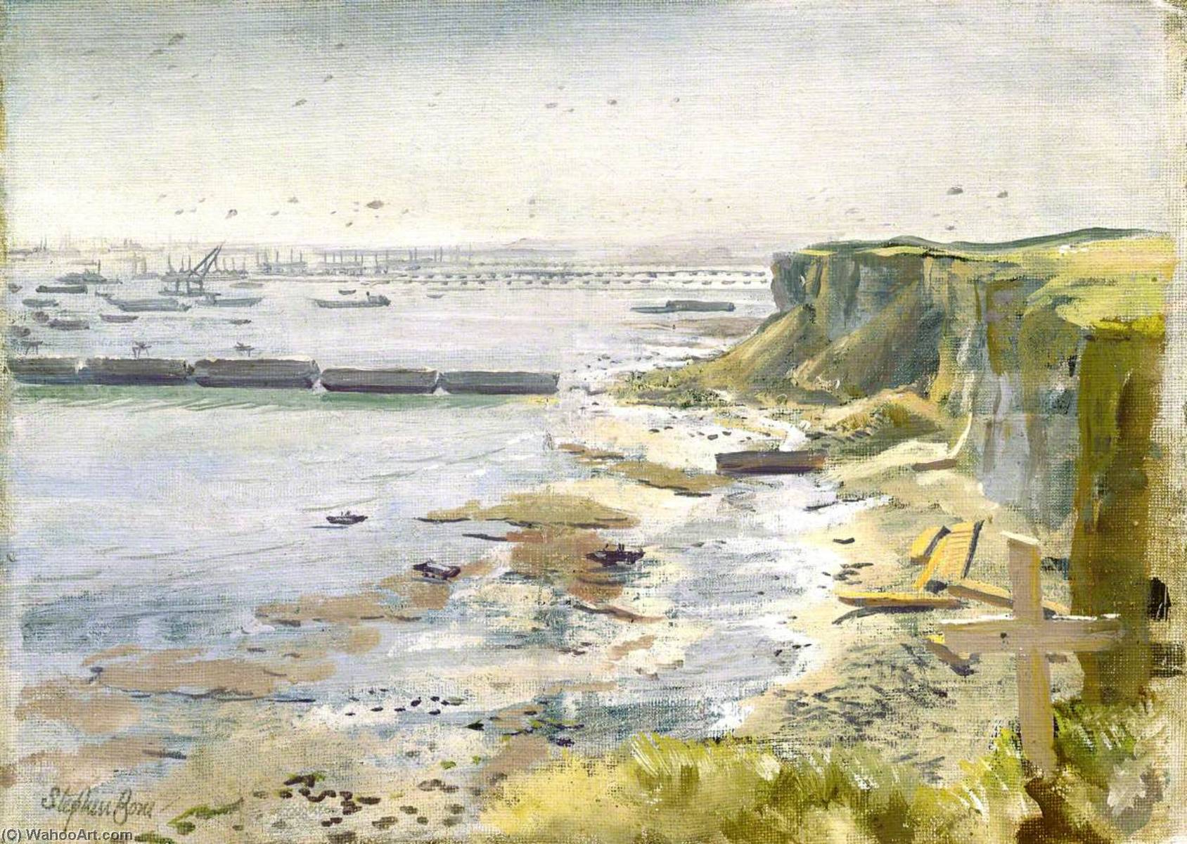 Wikioo.org - The Encyclopedia of Fine Arts - Painting, Artwork by Stephen Bone - Mulberry Harbour, Arromanches Normandy Landing, June 1944