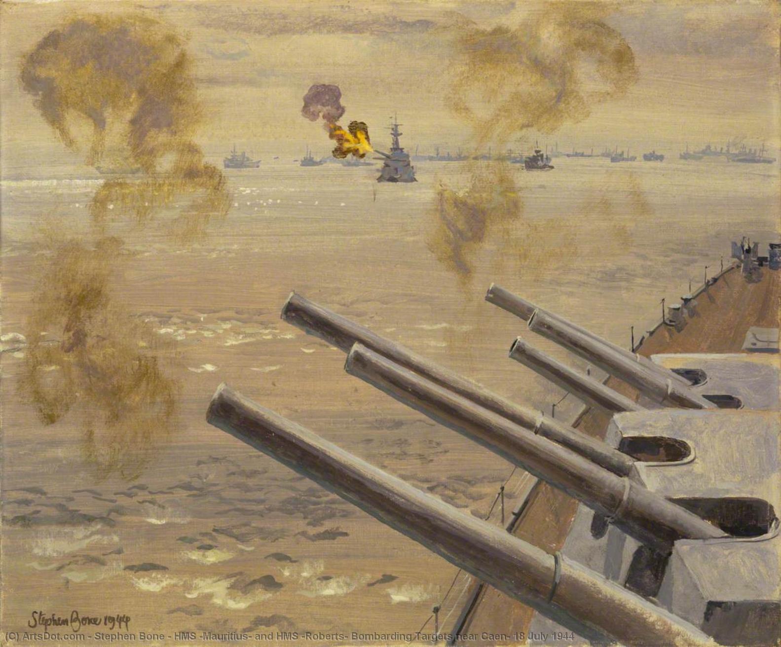 Wikioo.org - The Encyclopedia of Fine Arts - Painting, Artwork by Stephen Bone - HMS 'Mauritius' and HMS 'Roberts' Bombarding Targets near Caen, 18 July 1944
