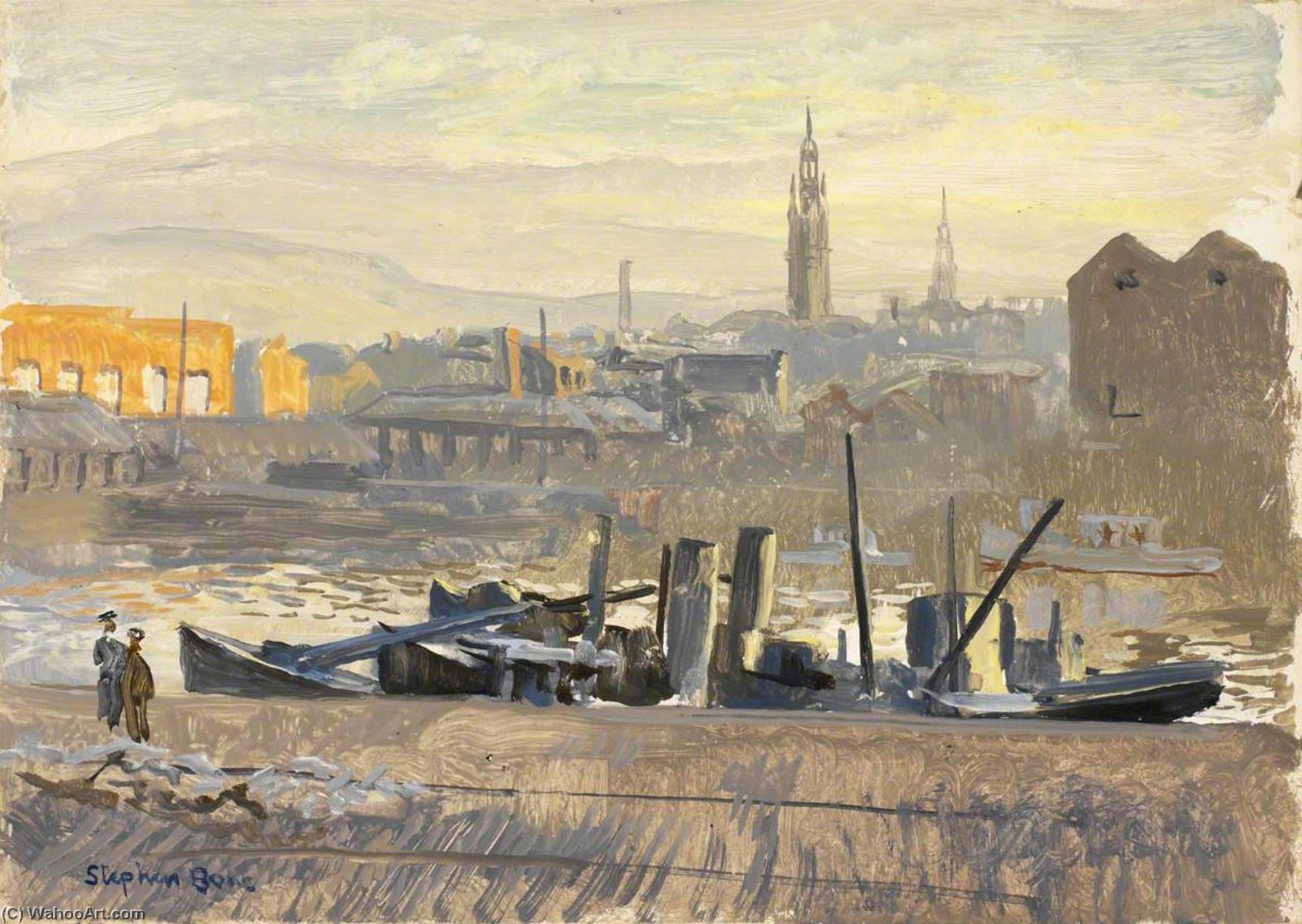Wikioo.org - The Encyclopedia of Fine Arts - Painting, Artwork by Stephen Bone - Drifters at Greenock with Hospital Launches Beyond
