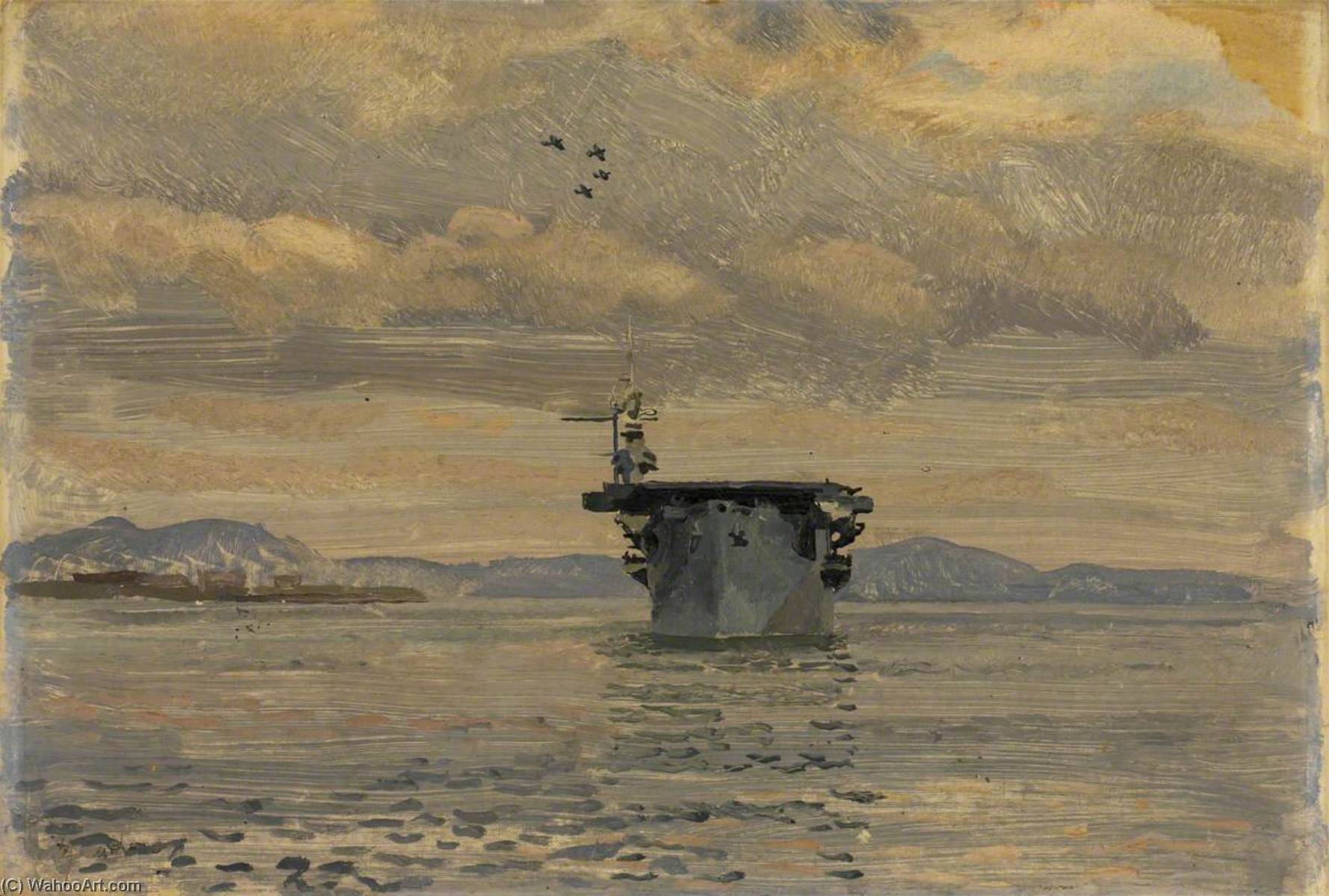 Wikioo.org - The Encyclopedia of Fine Arts - Painting, Artwork by Stephen Bone - On Board an Escort Carrier HMS 'Pursuer' in Belfast Lough