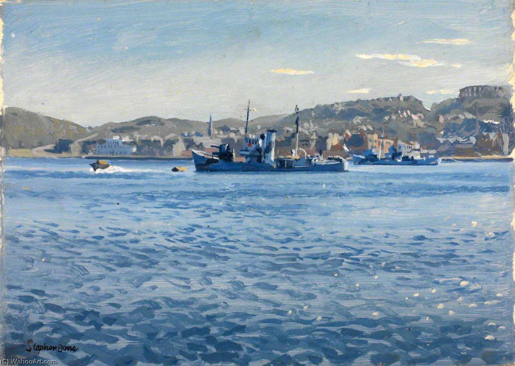 Wikioo.org - The Encyclopedia of Fine Arts - Painting, Artwork by Stephen Bone - Oban Bay Asdic Trawlers HMS 'Paul Rykens' and HMS 'Southern Star'
