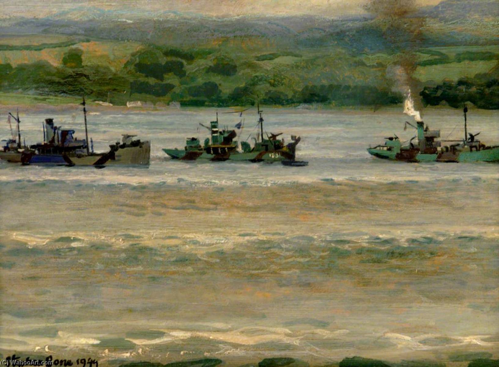 Wikioo.org - The Encyclopedia of Fine Arts - Painting, Artwork by Stephen Bone - Three Trawlers