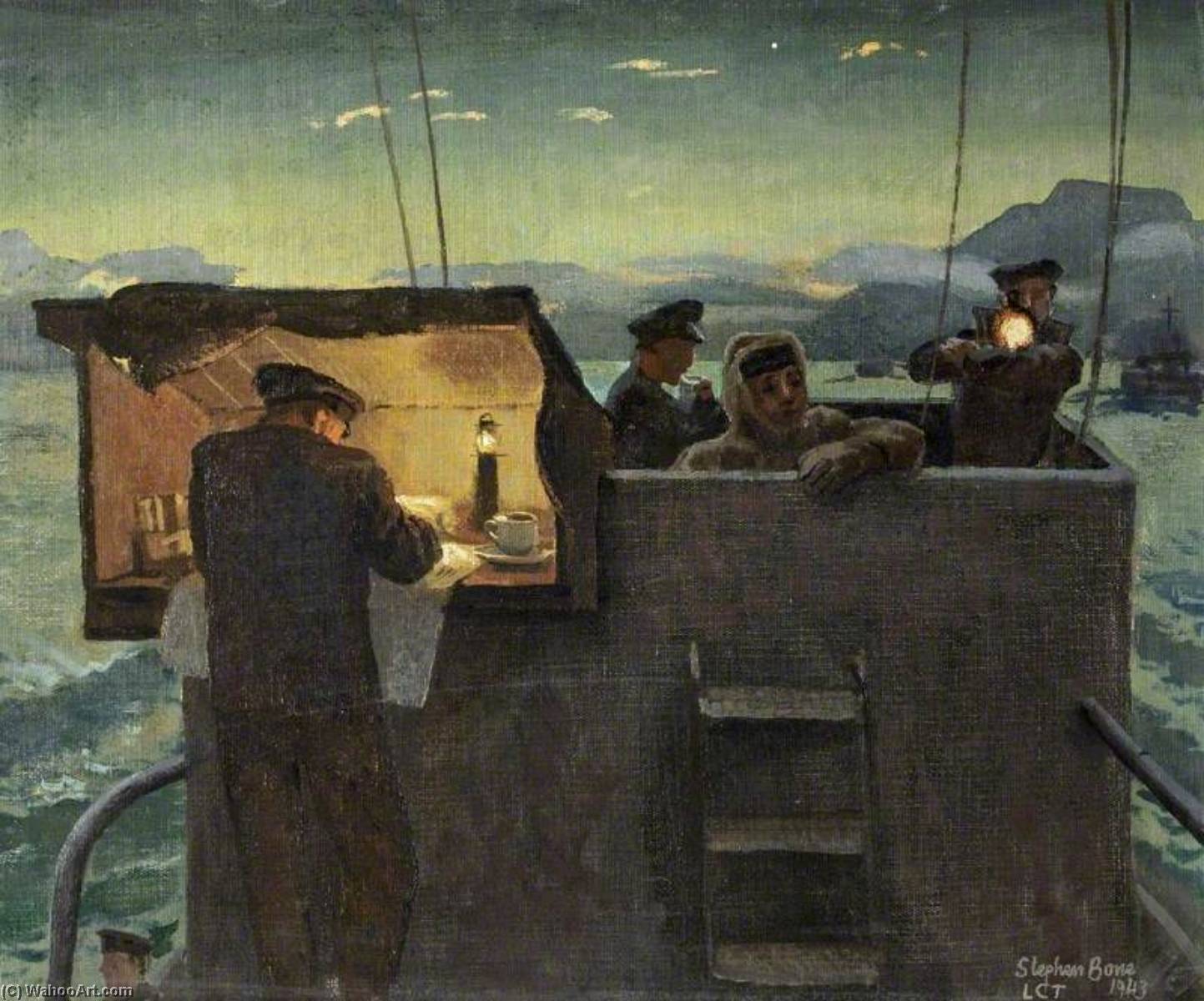 Wikioo.org - The Encyclopedia of Fine Arts - Painting, Artwork by Stephen Bone - Tank Landing Craft On the Bridge at Dawn