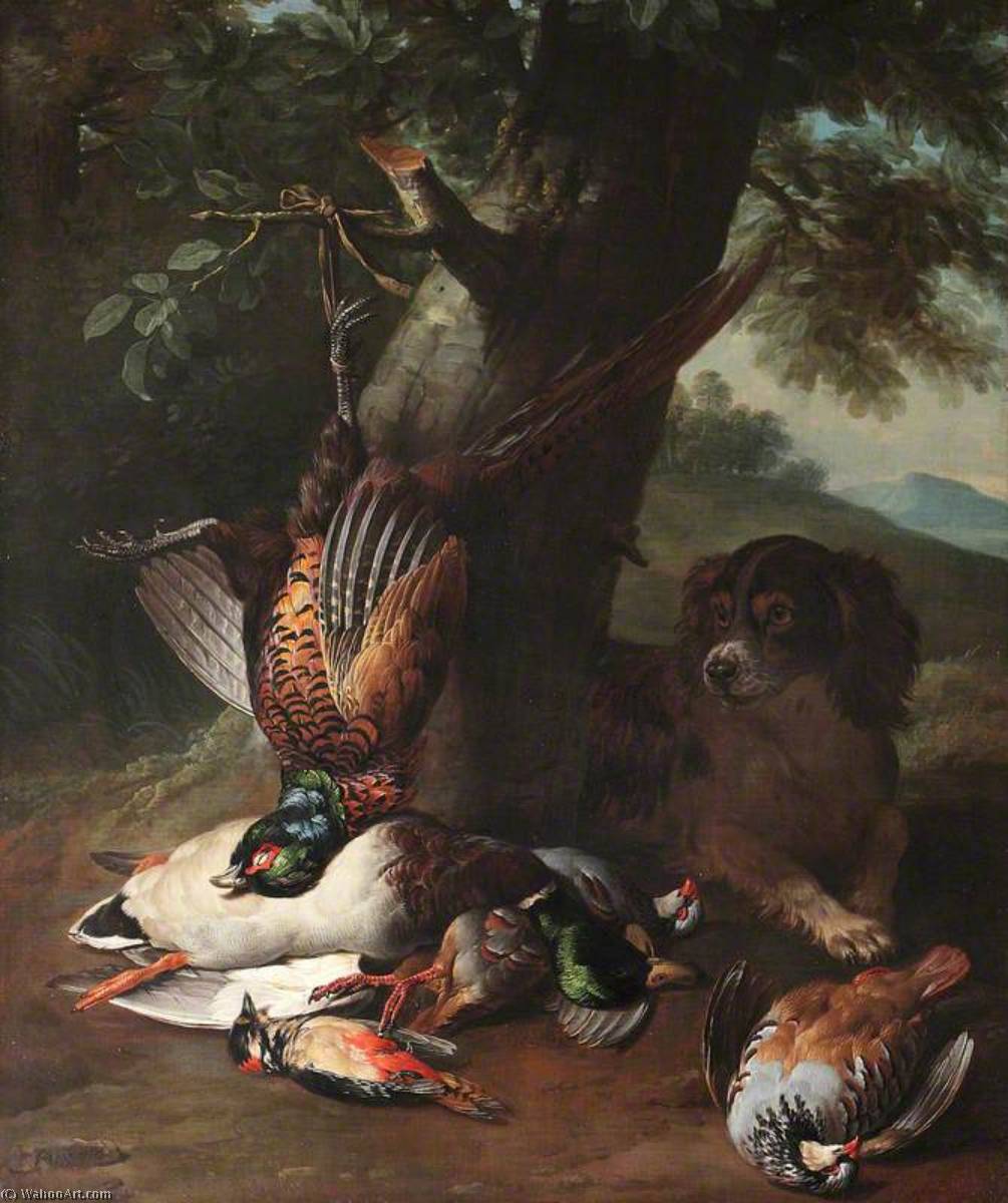 Wikioo.org - The Encyclopedia of Fine Arts - Painting, Artwork by Alexandre François Desportes - A Spaniel with Dead Game in a Landscape