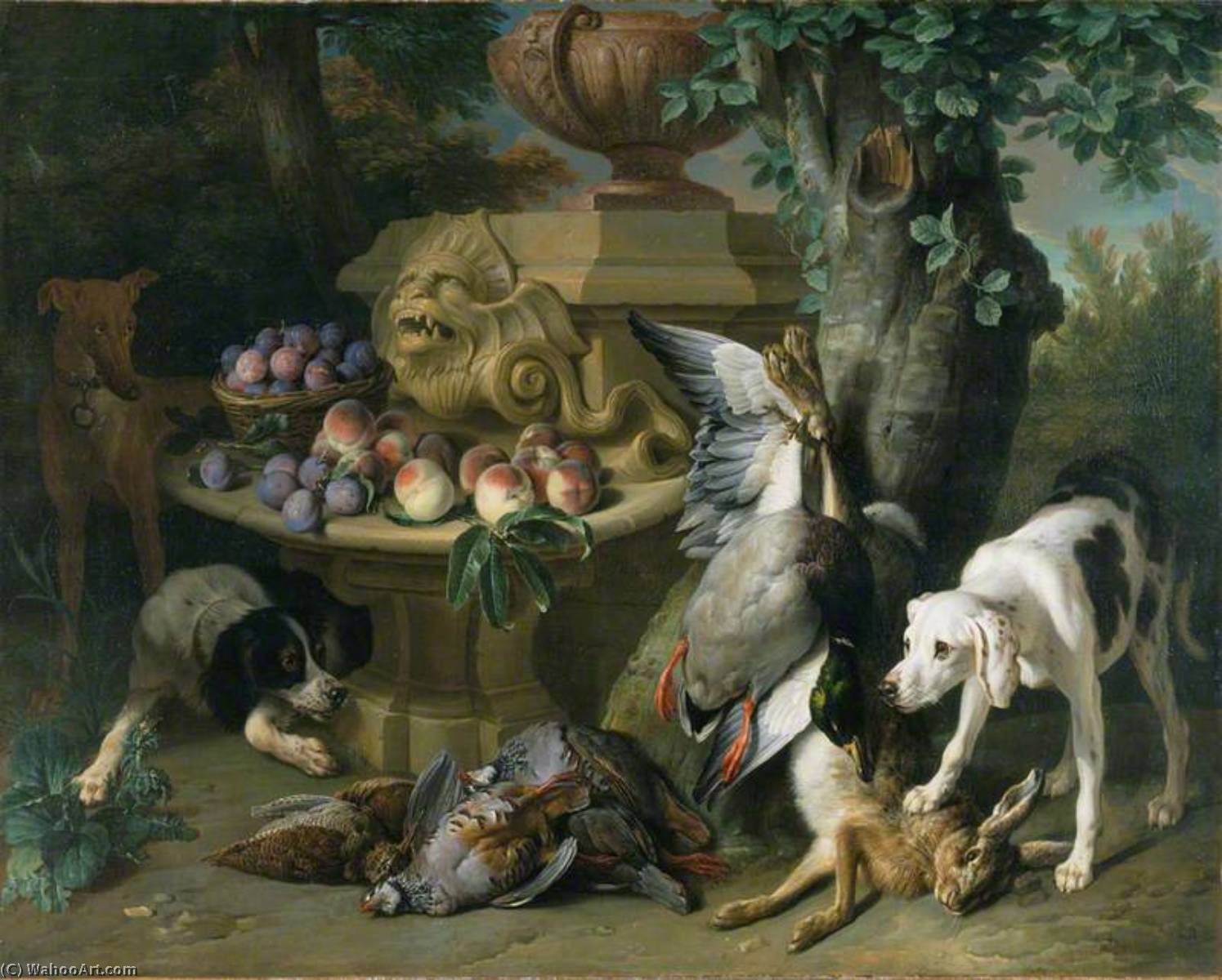 WikiOO.org - אנציקלופדיה לאמנויות יפות - ציור, יצירות אמנות Alexandre François Desportes - Dogs, Dead Game and Fruit