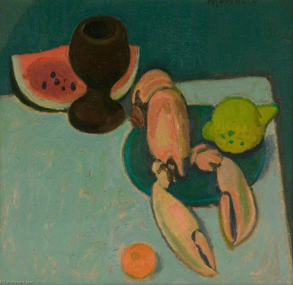 WikiOO.org - Encyclopedia of Fine Arts - Maľba, Artwork Alberto Morrocco - Still Life with Lobster and Watermelon