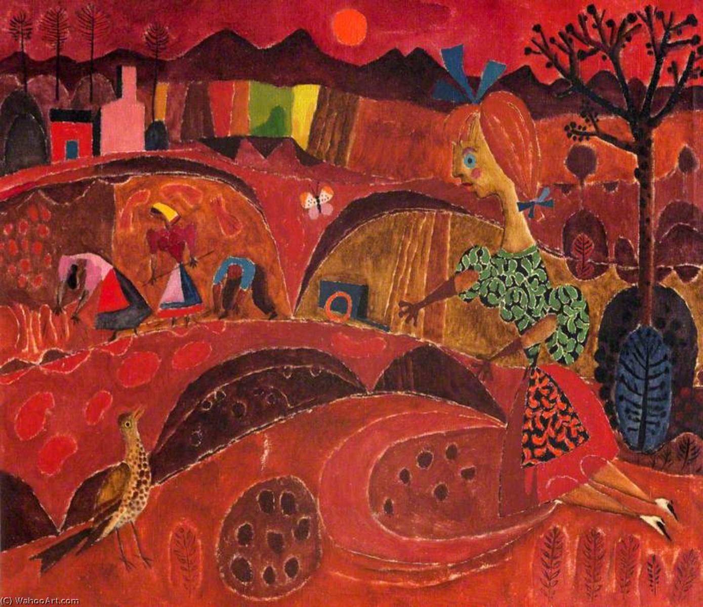 Wikioo.org - The Encyclopedia of Fine Arts - Painting, Artwork by Colin Middleton - Girl and Bird in a Red Landscape
