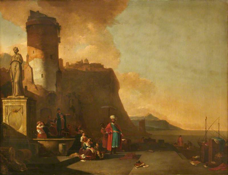 Wikioo.org - The Encyclopedia of Fine Arts - Painting, Artwork by Thomas Wyck - Capriccio of a Fort by the Sea, with Orientals and an Antique Statue