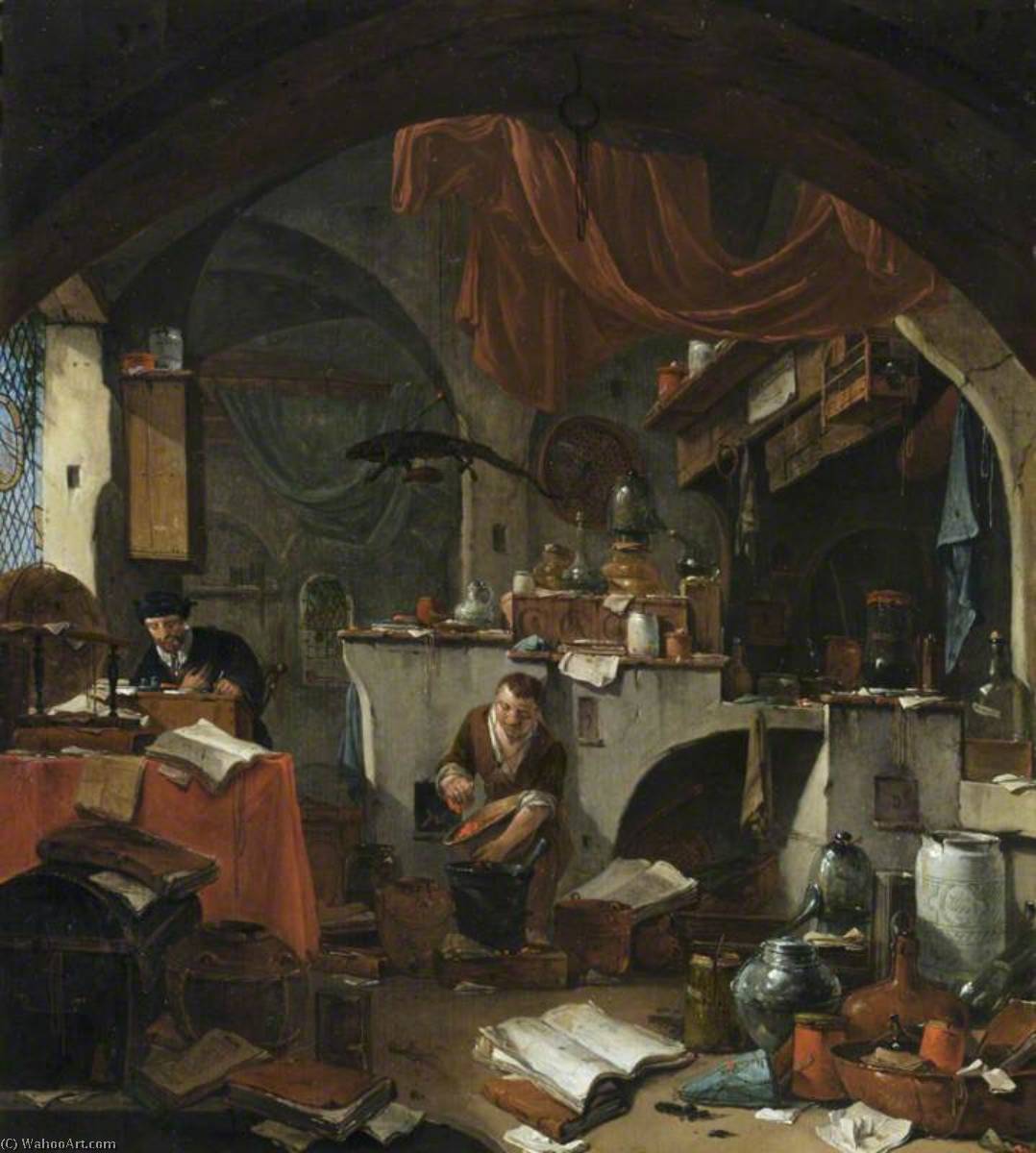 Wikioo.org - The Encyclopedia of Fine Arts - Painting, Artwork by Thomas Wyck - An Alchemist in His Laboratory, with an Assistant